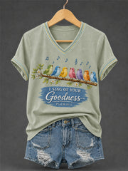 Women's I Will Sing Of The Goodness Of God Psalm 89:1 Christian Bird Print Casual V-Neck Tee