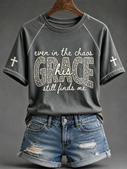 Women's His Grace Still Finds Me Christian Faith Floral Print Round Neck Short Sleeve T-shirt