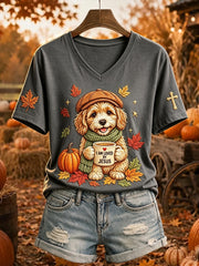 Women's Jesus Loves Dog Fall Leaves Print Short-sleeved T-shirt