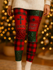 Women's Christmas Holy Night Cross Plaid Printed Leggings