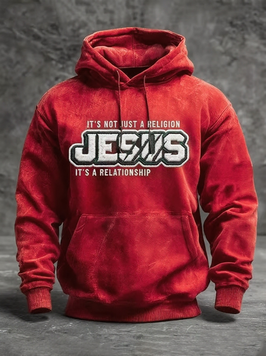 Men's JESUS Print Oversized Drop-Shoulder Hoodie with Pockets
