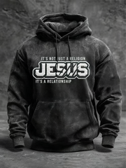 Men's JESUS Print Oversized Drop-Shoulder Hoodie with Pockets
