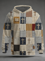 Men's Faith Patchwork Print Oversized Drop-Shoulder Hoodie with Pockets
