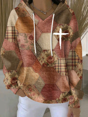 Women's Retro Casual Faith Cross Art Print Hoodie