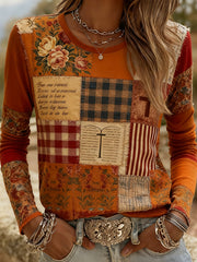Women's Autumn Faith Cross Floral Patchwork Print Long Sleeve Top