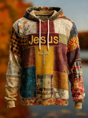 Men's Vintage Faith Cross Art Print Oversized Drop-Shoulder Hoodie with Pockets