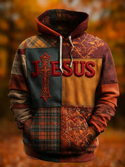 Men's Vintage Faith Cross Art Oversized Drop-Shoulder Hoodie with Pockets
