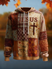 Men's Vintage Faith Cross Art Oversized Drop-Shoulder Hoodie with Pockets