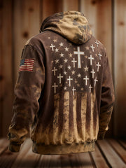 Men's Faith Cross American Flag Print Oversized Drop-Shoulder Hoodie with Pockets