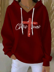 Women's Merry Christmas Cross Print Ribbed Hoodie