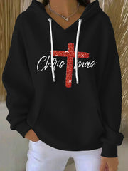 Women's Merry Christmas Cross Print Ribbed Hoodie