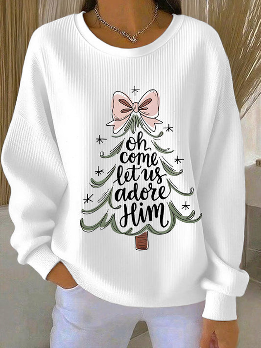 Women's “Oh Come Let Us Adore Him” Print Casual Ribbed Round-Neck Sweatshirt