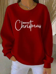 Women's Merry Christmas Cross Print Ribbed Round-Neck Sweatshirt