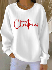 Women's Merry Christmas Cross Print Ribbed Round-Neck Sweatshirt