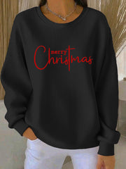 Women's Merry Christmas Cross Print Ribbed Round-Neck Sweatshirt