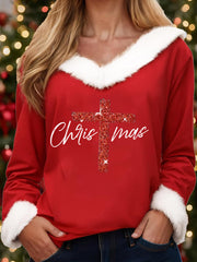 Women's Merry Christmas Christmas Cross Print Casual Fur-Collar Top