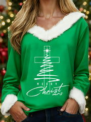 Women's Merry Christmas Jesus Christmas Tree Cross Print Casual Fur-Collar Top
