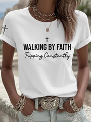 Women's Walking by Faith Tripping Constantly Cross Short Sleeve T-Shirt