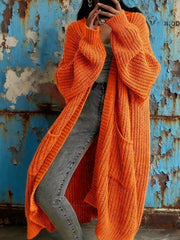 Women's Pure Color Casual Knitted Long Cardigan