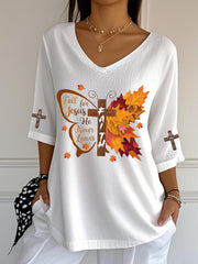 Women's Fall For Jesus Faith Cross Printed V-Neck Top