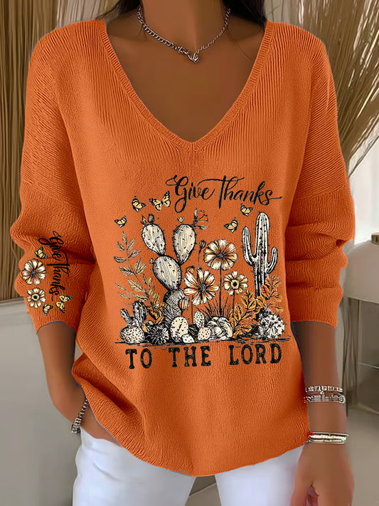 Women's Give Thanks To The Lord For He Is Good Psalm 136:1 Cross Printed V-Neck Top