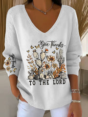 Women's Give Thanks To The Lord For He Is Good Psalm 136:1 Cross Printed V-Neck Top
