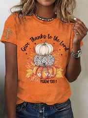 Women's Give Thanks to the Lord Christian Cross Thankful Pumpkins Short Sleeve T-Shirt