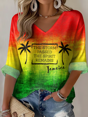 Women's V-Neck Retro Jamaica Strong Jamaica The Storm Passed The Spirit Remains Reggae Red, Green, And Gold Print T-Shirt