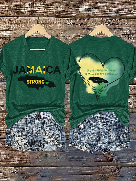 Women's V-Neck Retro Jamaica Strong If God Brings You To It, He Will Get You Through It Stay Strong Print T-Shirt