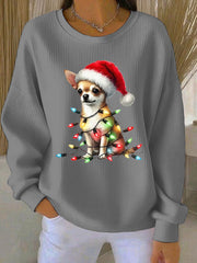 Women's Chihuahua Christmas Ribbed Round-Neck Sweatshirt