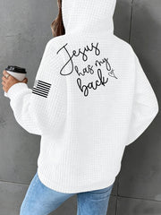 Women's Jesus Has My Back Cross Faith USA Flag Print Casual Waffle Hoodie