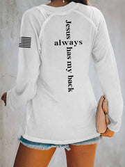 Women's Jesus Has My Back Cross Faith USA Flag Print Casual V-Neck T-Shirt