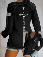 Women's Jesus Has My Back Cross Faith USA Flag Print Casual V-Neck T-Shirt