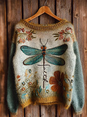 Women's Faith Cross Dragonfly Floral Crew Neck Sweater