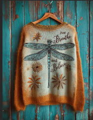 Women's Christian Just Breathe And Believe Dragonfly Floral Crew Neck Sweater