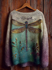 Women's Christian Blessed Dragonfly Floral Crew Neck Sweater