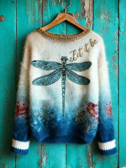 Women's Christian Let It Be Dragonfly Floral Crew Neck Sweater