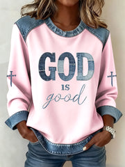 Women's God Is Good Cross Denim Patchwork Top