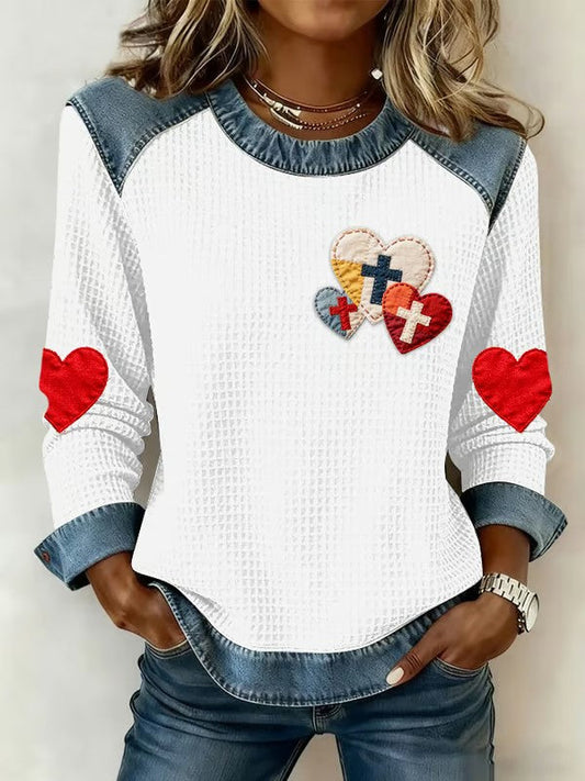 Women's Love Christian Cross Denim Patchwork Sweatshirt
