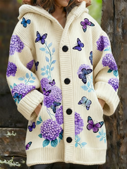 Women's Vintage Purple Floral Art Print Composite Fleece Long Coat