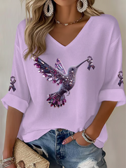 Women's Hummingbird Print Casual Waffle T-shirt