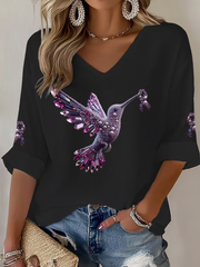 Women's Hummingbird Print Casual Waffle T-shirt