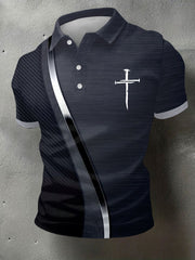 Men's Christian Cross Art Waves Print Casual Polo