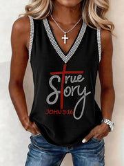 Women's True Story Rhinestone Pattern V-Neck Tank Top