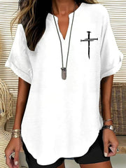 Women's Cross Print Casual Solid-Color V-Neck Short-Sleeve Shirt