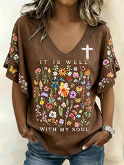 Women's Floral Faith Jesus Lover Printed T-Shirt