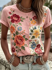 Women's Floral Print linen short-sleeved T-shirt