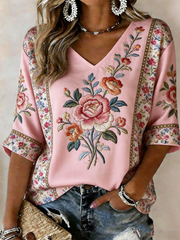 Women's Pink Floral Print linen short-sleeved T-shirt