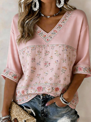 Women's Pink Floral Print Mid-length Sleeves V-Neck T-Shirt