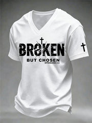 Men's Christian Cross Broken But Chosen Print V-Neck Tee